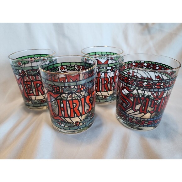 1970s Cera Houze Merry Christmas Seasons Greetings Gold Trimmed Set Of 4 Glasses - Picture 2 of 16